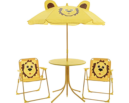 Detský záhradný nábytok LEV sada 2 stoličky, stôl a slnečník v žltej farbe