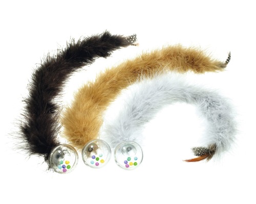 Hračka pre mačky hrkajúca lopta s perovým chvostom mix farieb 45 cm